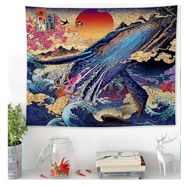 Giapponese Kanagawa Onde Stampato Appeso Arazzo Balena Arowana Cervo Serpente Totem Arazzi Boho Copriletto Coperta Y200324