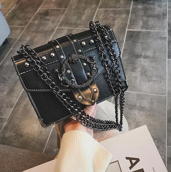 

european fashion female square bag new quality pu leather women's designer handbag rivet lock chain shoulder messenger bags