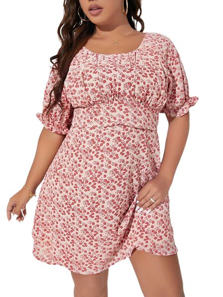 

plus ditsy floral print ruched bust shirred waist flounce sleeve dress h4qe#, Black