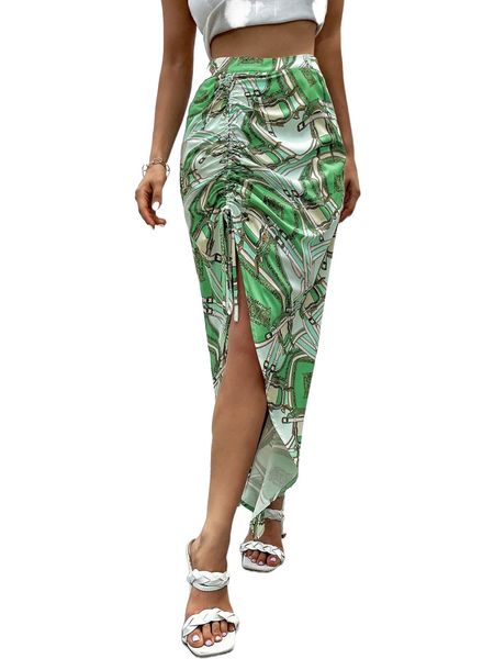 

chain print drawstring split thigh skirt s9tr#, Black