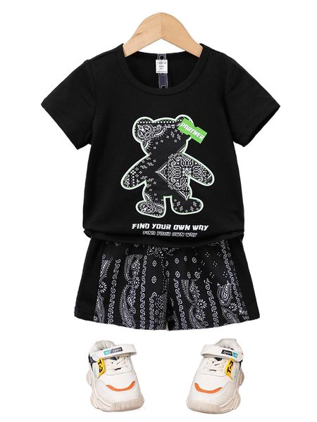 

toddler boys bear & slogan graphic tee & paisley print shorts e4vy#, Black;white