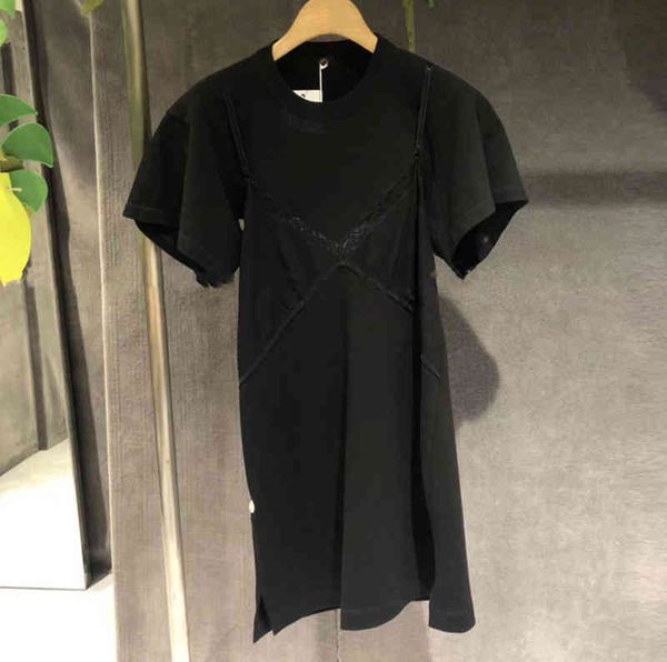 

casual dresses dang family summer women's backless careful machine dress fake two pieces of lace suspender splicing small black skirt, Black;gray