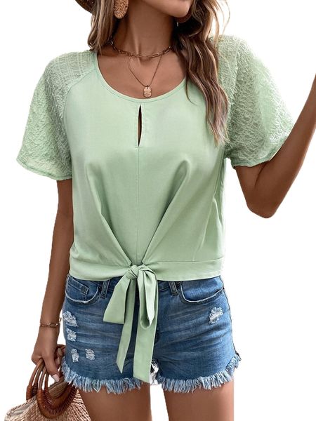 

keyhole neck raglan sleeve tie hem blouse e20i#, White