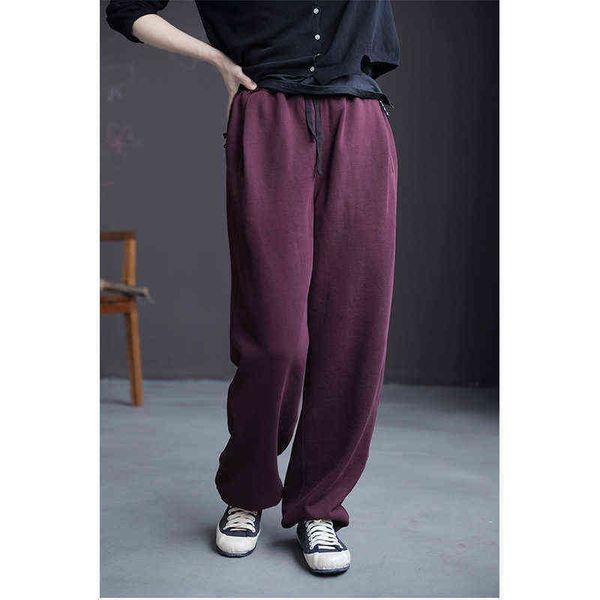 

2022 herfst literaire sandelhout paars dikke katoenen badstof elastische taille band mond gebreide casual broek 11126 221225, Black;white