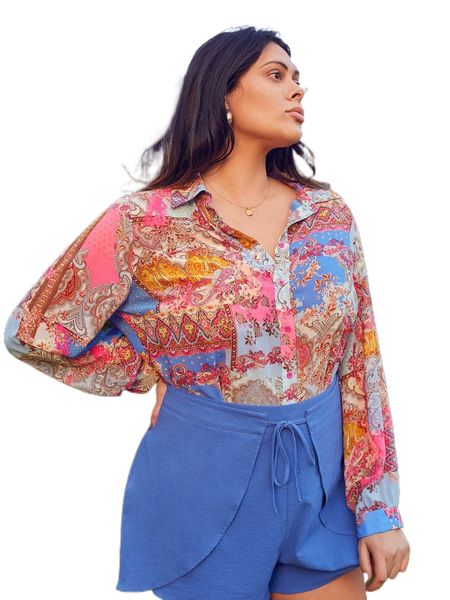 

plus floral & paisley print chiffon blouse 72hy#, Black