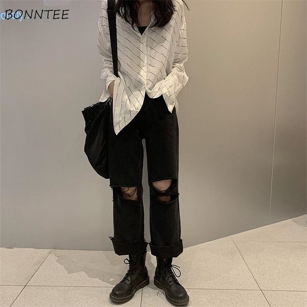 

women jeans hole ripped anklelength high waist denim harajuku wide leg loose trousers ins chic fashion bf vintage casual 220815, Blue