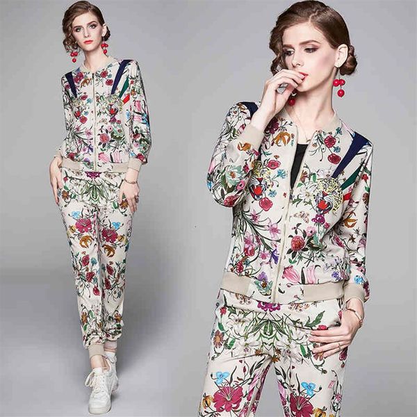 

ladies runway floral two piece sets long sleeve printed jackets coat long pants 2 pcs slim elegant women's designer two pie2838, White