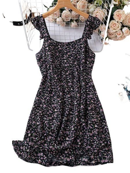 

plus ditsy floral ruffle trim dress 42jr#, Black