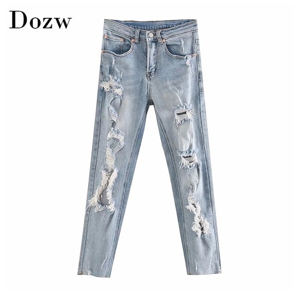 Frauen High Street Ripped Hole Mom Jeans Mode Reißverschluss Denim Hosen Taille Taschen Lange Hosen Jean Femme 210515