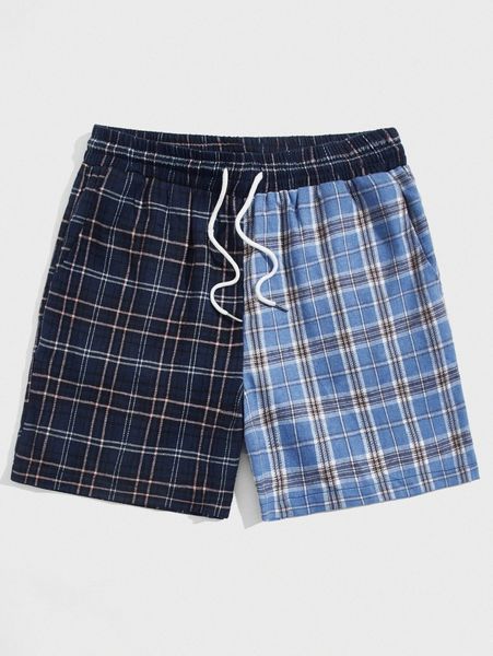 

romwe guys plaid colorblock drawstring shorts p4df#, White;black