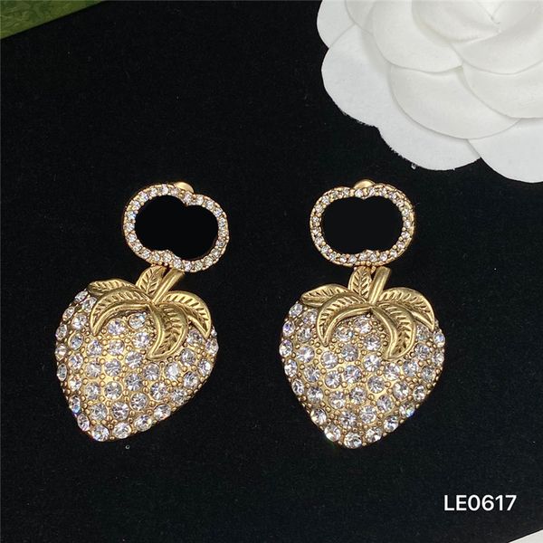 

shiny diamond strawberry charm eardrops ladies double letter studs rhinestone earrings crystal dangler with box, Golden