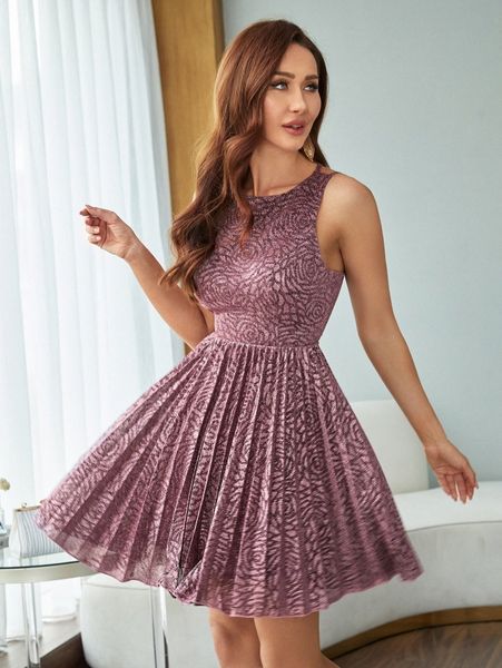

glitter lace up backless pleated swing dress 20y0#, Black;gray