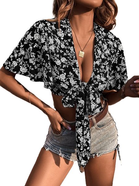 

allover floral print butterfly sleeve tie front crop blouse r4yd#, White
