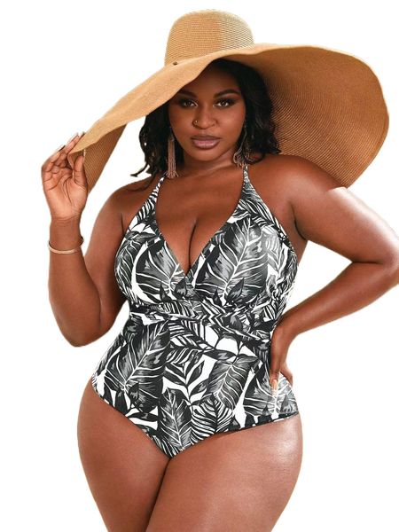 

plus tropical print cross back one piece swimsuit z8ig#, White;black