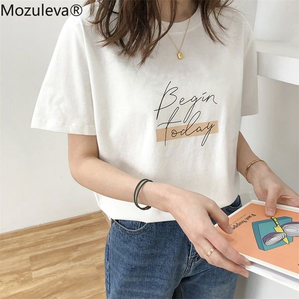 

mozuleva casual o-neck letter print women t-shirt summer short sleeve loose female basic shirt girlstees 100% cotton 220321, White