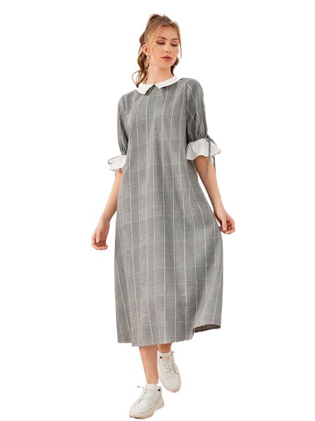 

contrast collar and cuff knot detail plaid dress 192d#, Black;gray
