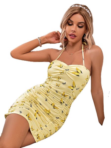 

butterfly print ruched halter neck backless bodycon dress s525#, Black;gray