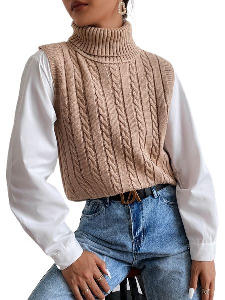 

high neck cable knit sweater vest i33x#, White;black