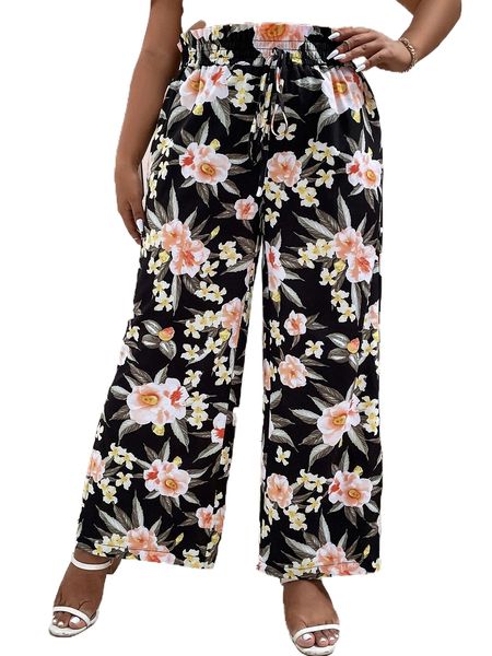 

plus floral print tie paperbag waist wide leg pants s2zk#, Black