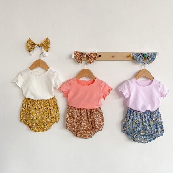 Roupas Conjuntos de roupas nascidos infantil ternos de menina roupas 3pcs/conjuntos de verão meninas meninas curtas manga curta coloria shorts shorts setsclothing de faixa de cabelo