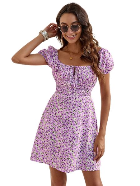 

tie neck shirred cut out back allover floral print dress d7gd#, Black;gray