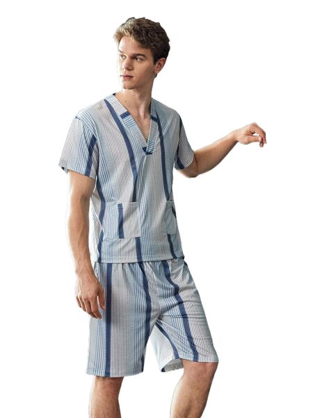 

men block striped pocket patched tee & shorts pj set j0vu#, Black;brown