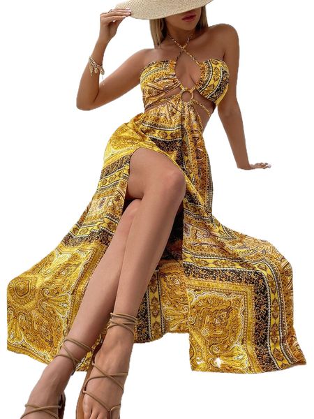 

paisley and scarf print cut out halter neck dress a9gx#, Black;gray