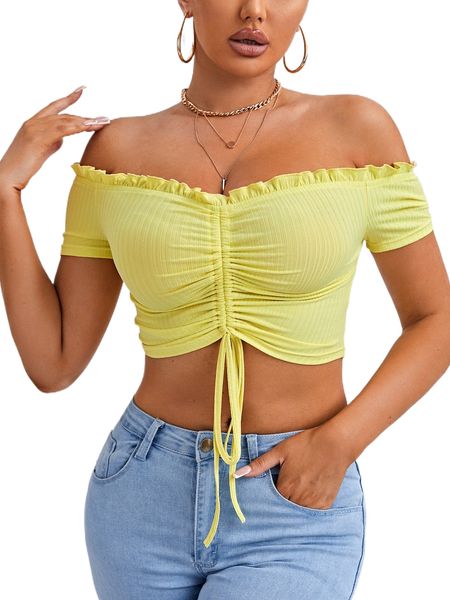 

sxy ruched drawstring off shoulder frill tee l6gy#, White