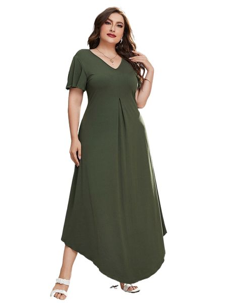 

plus plicated detail curved hem dress 18jo#, Black