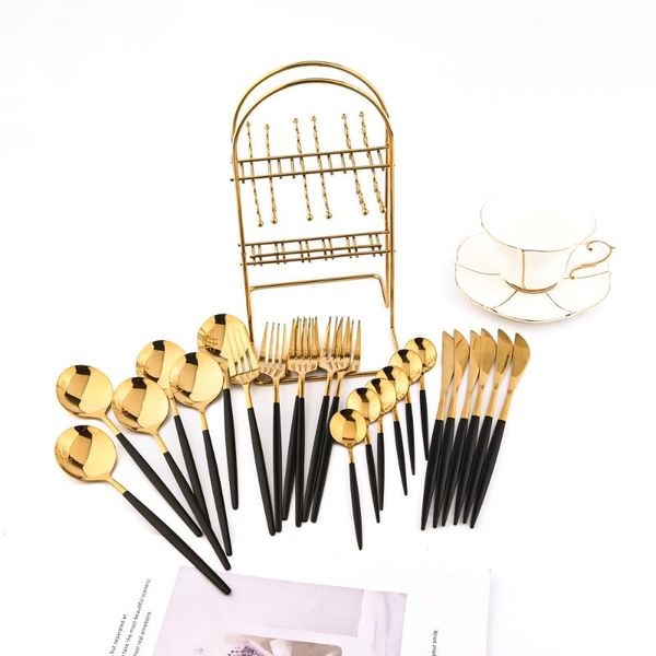 Столовые наборы Zoseil 24pcs Minneware Set Set Black Gold Dessert Knives Forks Spoon Столоки из нержавеющей стали Дети Дети с помощью стойки Setflat