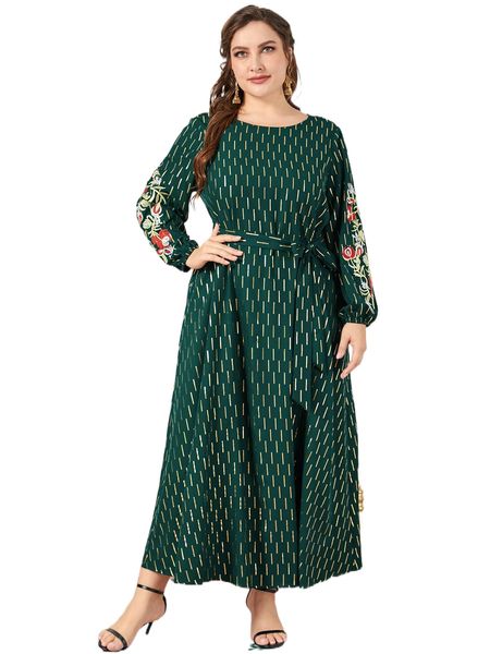 

plus gold print floral embroidery lantern sleeve belted dress e9ek#, Black