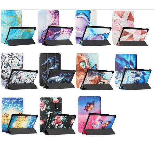 Moda Flor de Mármore 3 Dobras Caso De Couro De Seda Para ipad Pro 10.5 10.2 Ar 5 6 8 9.7 Mini6 Mini 45 Tiger Cat Wolf Borboleta Imprimir Meninas Carteira Carteira Capa de Flip