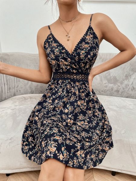 

floral contrast lace cami nightdress d7tp#, Black;gray
