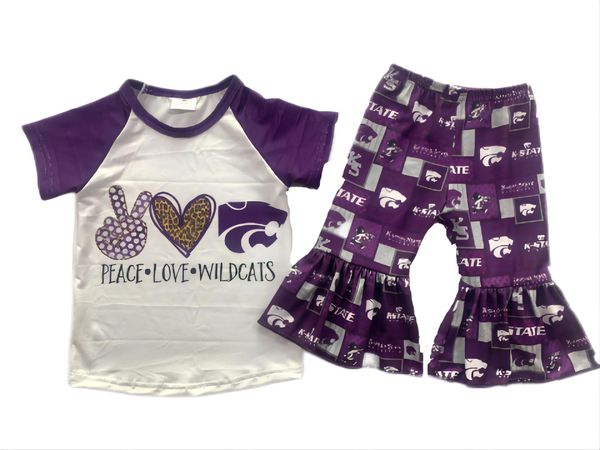 

baby girls clothes two pieces short sleeve sports team peace and love wildcats printing bell bottom pants for toddler kids outfits boutique, White