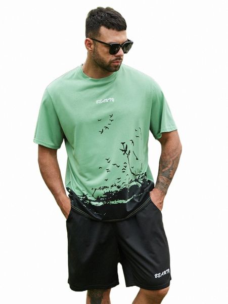 

extended sizes men letter & bird print tee & drawstring waist shorts r5as#, Gray