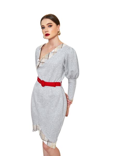 

x anissa benazza v-neck plaid paneled self belted dress d7oi#, Black;gray