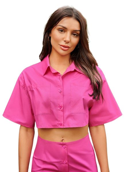 

button front crop polo neck blouse h31f#, White