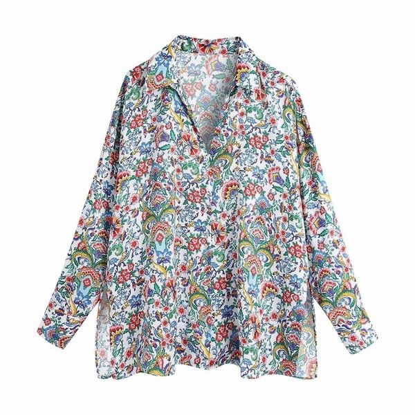 

vintage women floral shirt fashion long sleeves blouse casual buttoned chic lady woman haut femme 210709, White