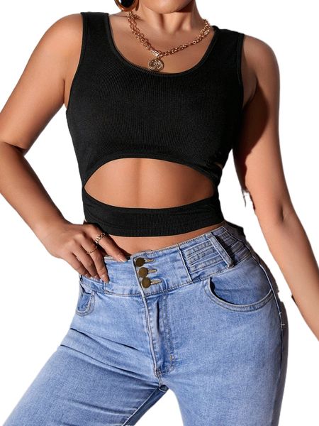 

sxy ribbed knit cut out crop tank 55sv#, White