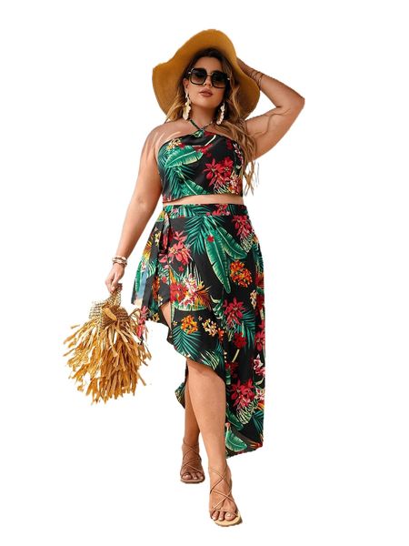 

plus tropical print backless knot halter & asymmetrical hem skirt k79j#, Black
