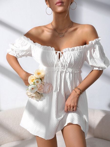 

off the shoulder frill trim puff sleeve tie front dress x23j#, Black;gray