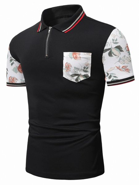 

men floral print quarter zip contrast trim polo shirt k7tb#, White;black