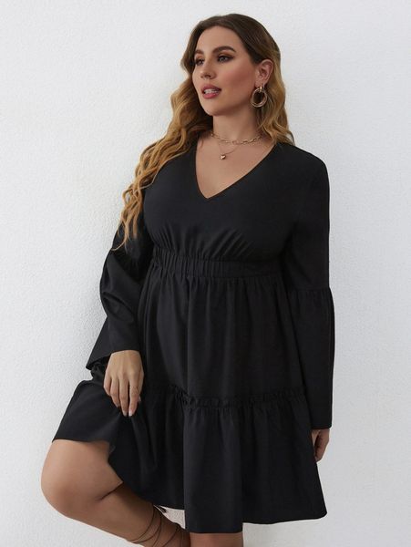 

plus flounce sleeve ruffle hem dress 74vj#, Black