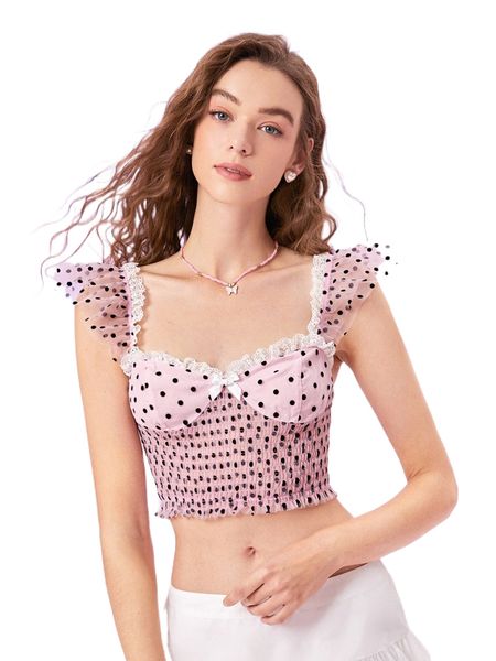 

mod polka dot shirred bow front ruffle sleeve crop mesh blouse 726p#, White