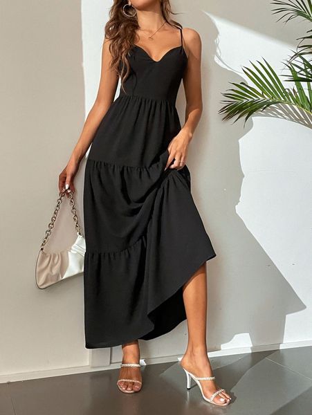 

tall solid ruffle hem cami dress p1l5#, Black;gray