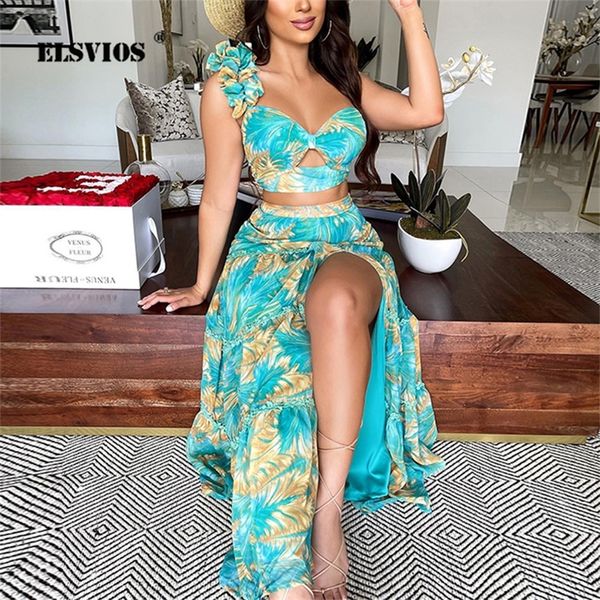 

summer women slim two piece set off shoulder split floral print crop and long skirt suit lady elegant 2 piece set 220523, White