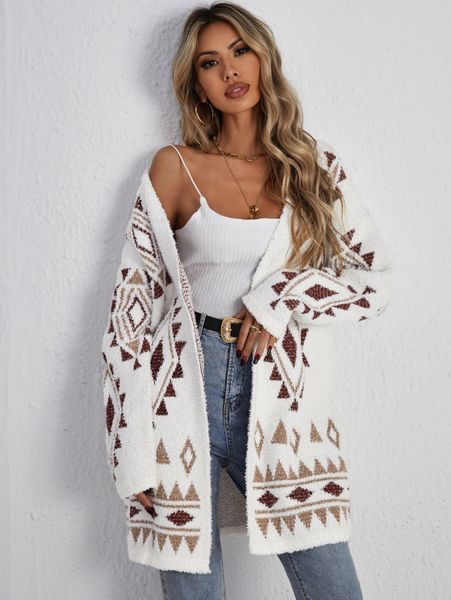 

geo pattern fuzzy knit cardigan d3yw#, White;black