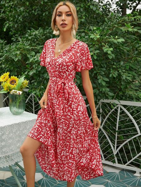 

flippy hem belted ditsy floral print dress 03sf#, Black;gray