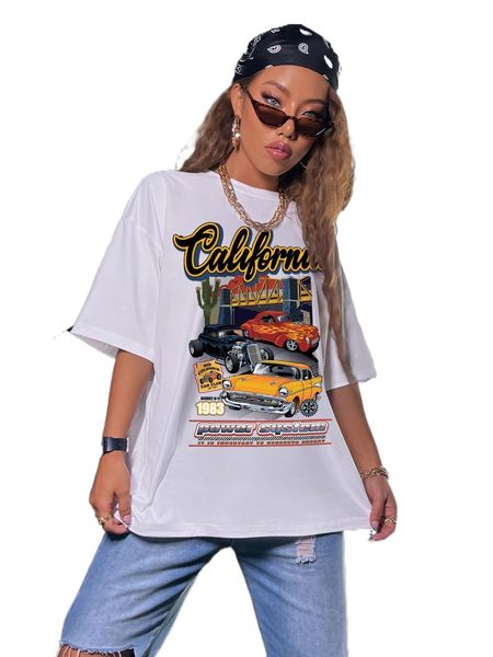 

car and letter graphic drop shoulder tee j62h#, White