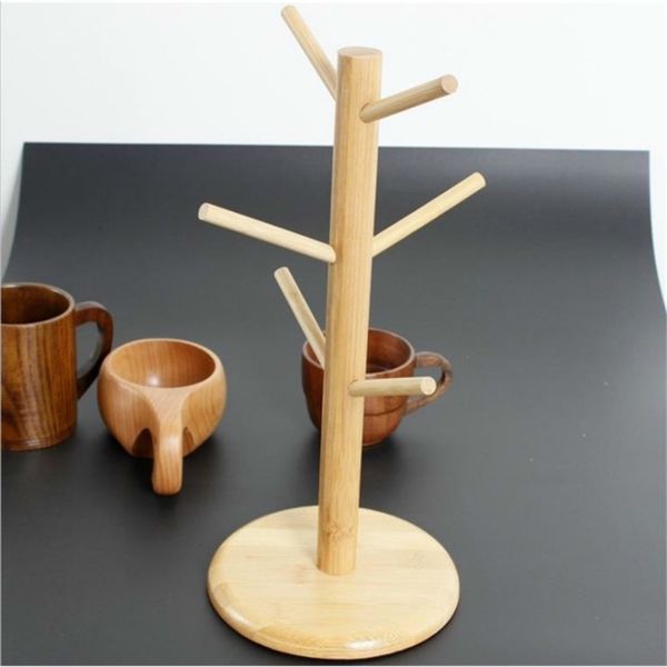 New Wooden Tree Shape Coffee Caneca Copo de Copas de Armazenamento de Racker de Armazenamento Casa Dreno da Cozinha Dreno do Stand Organizador Com 6 ganchos T200506